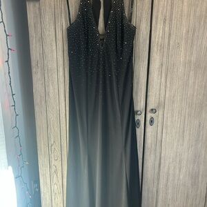 Black Maxi Gown with Sequin Embellishments and Spaghetti Straps for Prom